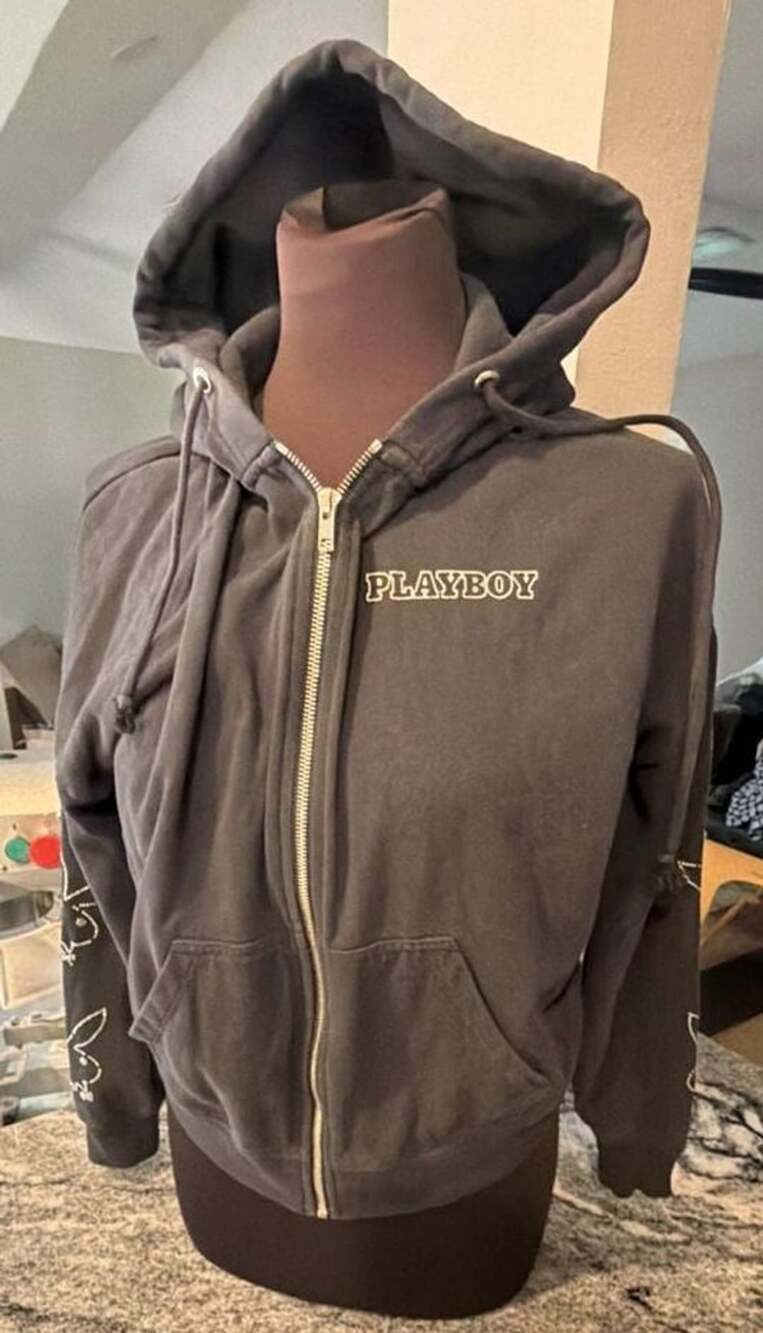 Playboy by Pacsun Black Zip Up Hoodie With Rhinestone Bunny Arms